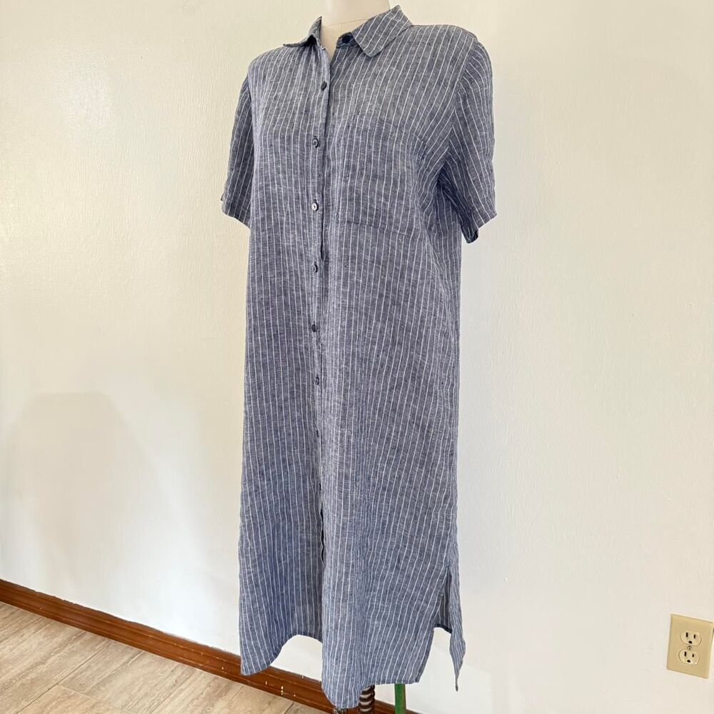 Eileen Fisher Puckered Organic 100% Linen Shirtdress Ocean Blue Sz XS Oversized
